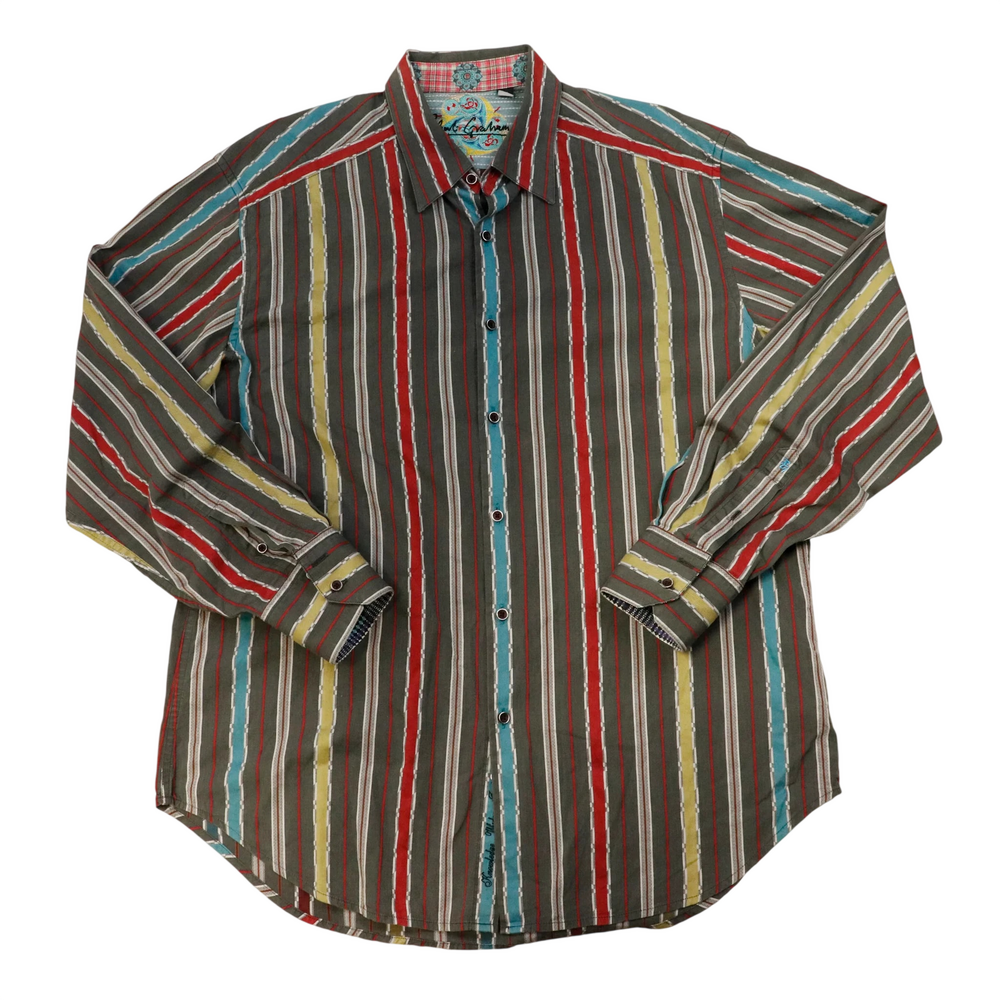 Vintage Robert Graham Stripped Button Up Grey/Blue/Green Size L